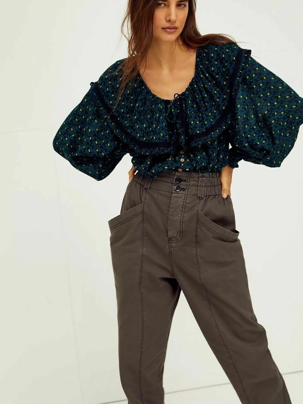 NWT Free People Black & Green Printed Button-Front Smocked Tunic - Picture 4 of 11
